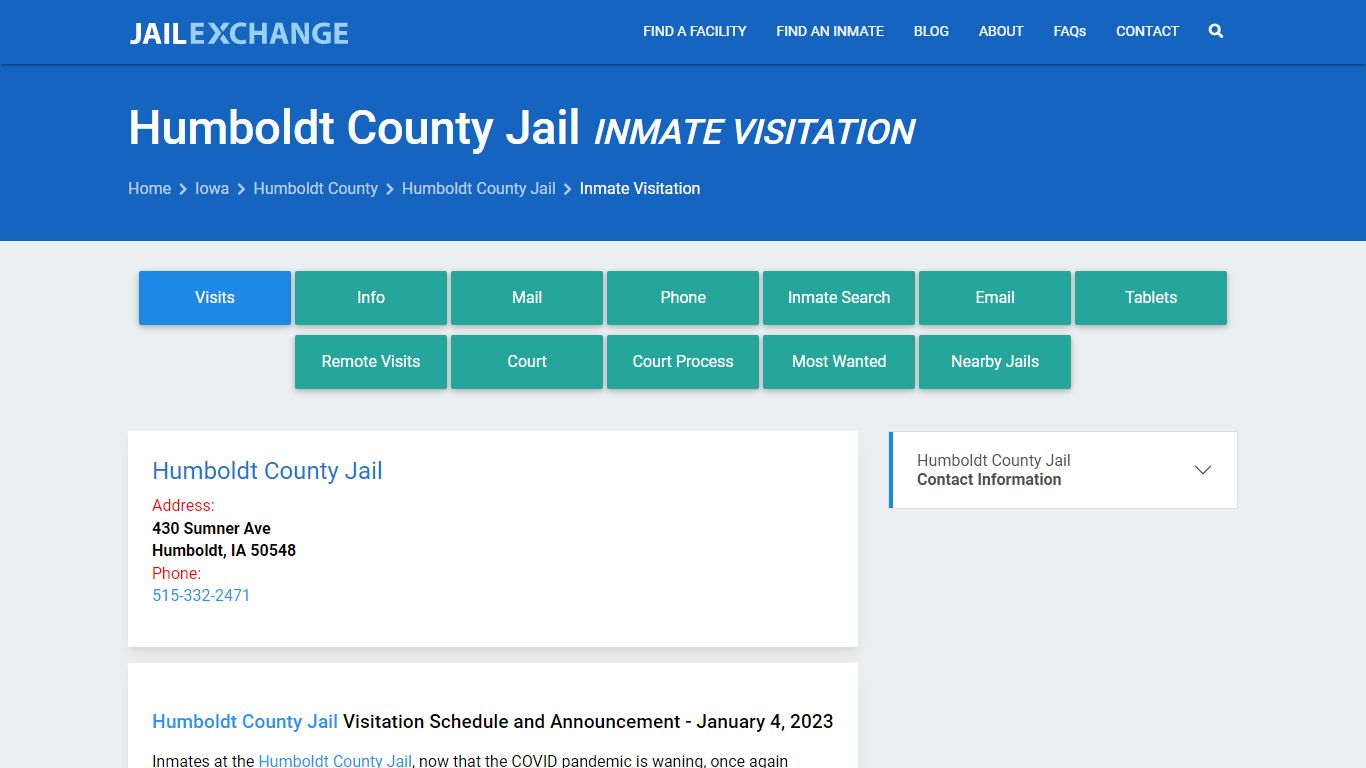 Inmate Visitation - Humboldt County Jail, IA - Jail Exchange